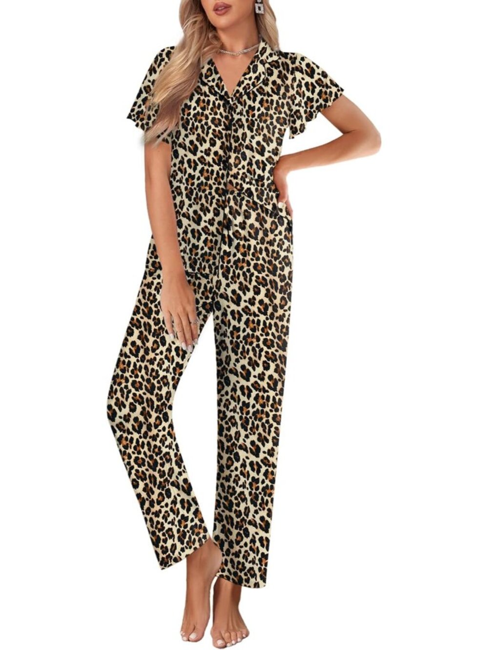 Women Brown Leopard Notch Lapel Ruffle Sleeve Button Up with Long Pajamas Set